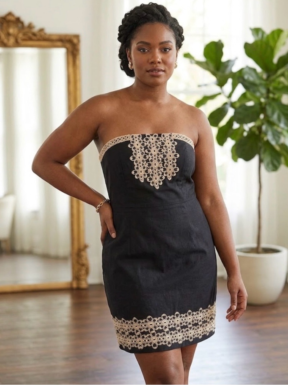 Mudpie Strapless Black Dress with Cream Lace Trim size L